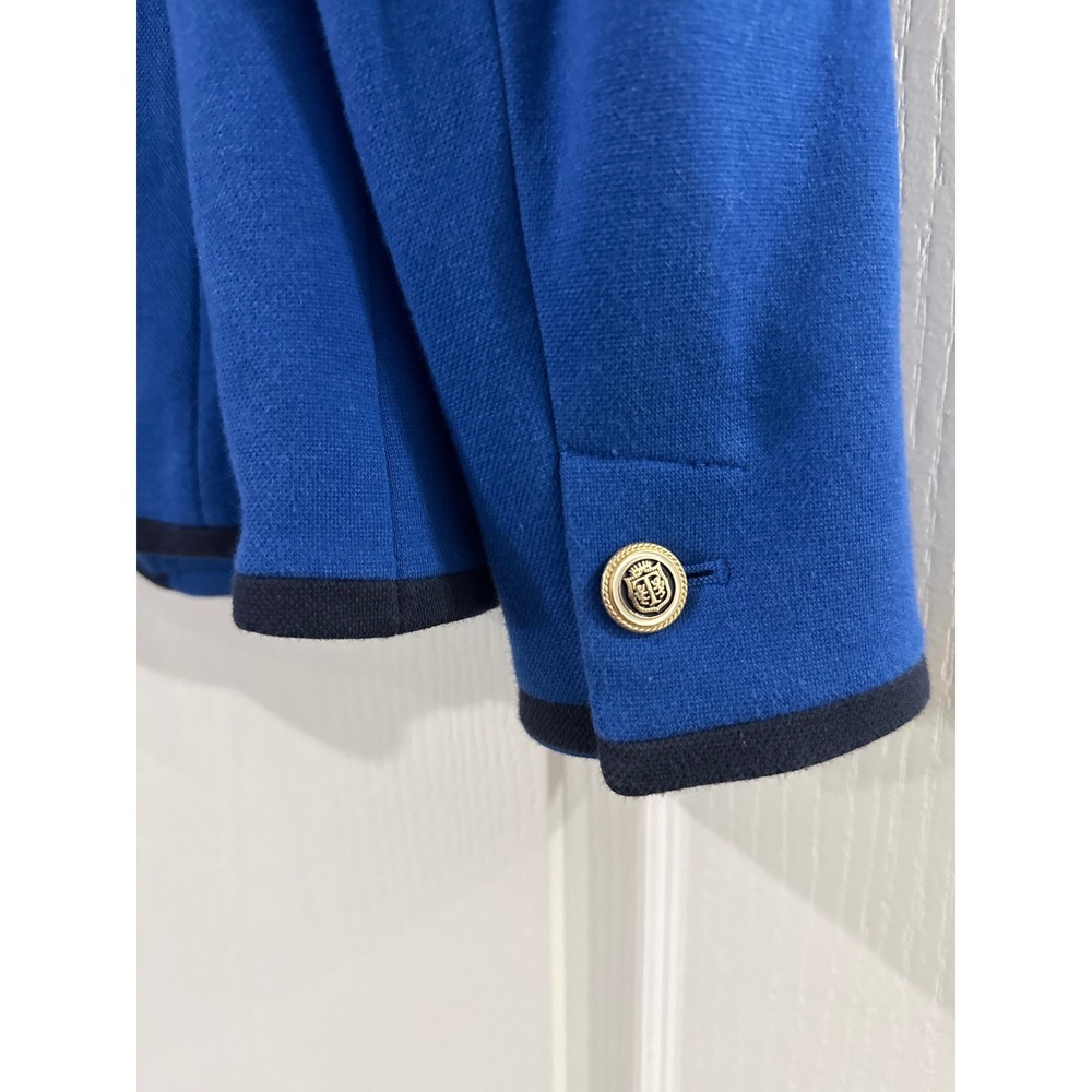 Talbots Aberdeen Royal Blue Knit Blazer Gold Crest Buttons Navy Trim Womens 10 - Picture 7 of 9